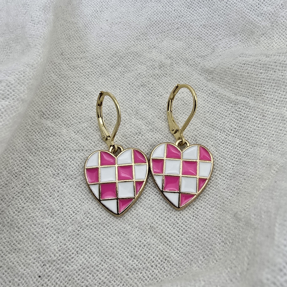 Heart Checkered Pink and White Enamel Drop Earrings